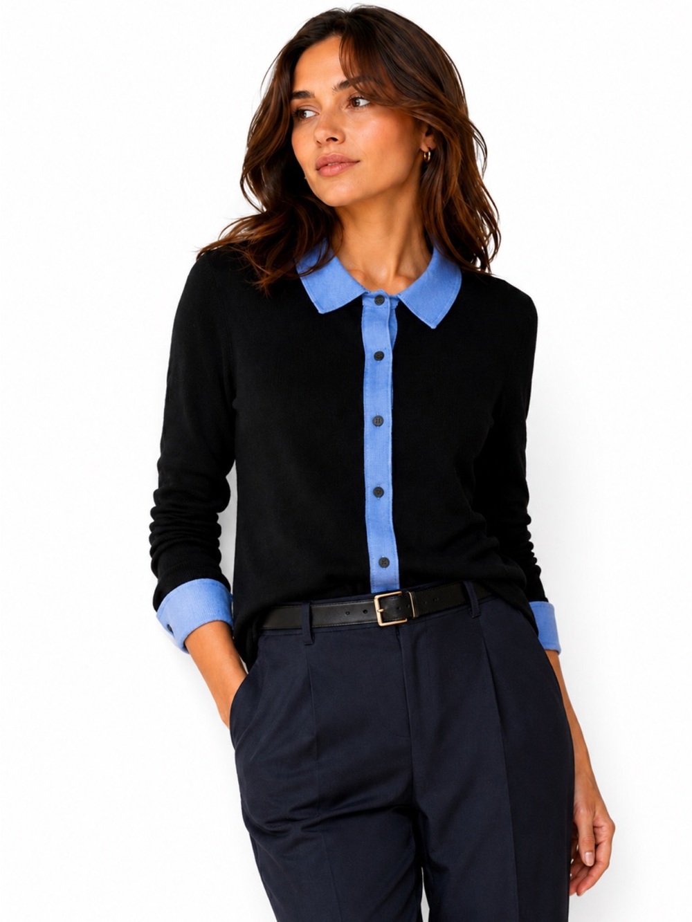 NAADAM Cotton Cashmere Collared Knit Cardigan Sweater Black Blue Luxury Soft  L